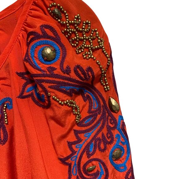 Nanette Lepore Womens Beaded Embroidered Paisley Detail Red Silk Blouse 6 Boho - Picture 6 of 11